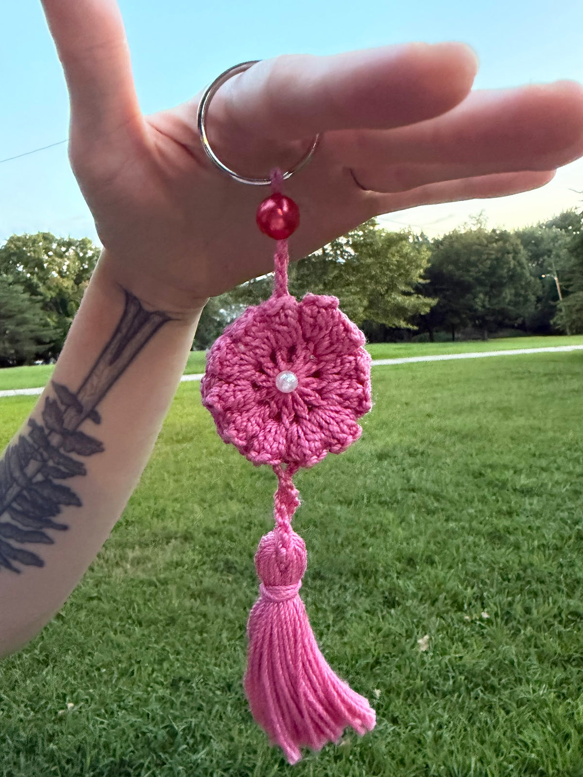 Pink Floral Tassel Charm handmade crochet product view 6
